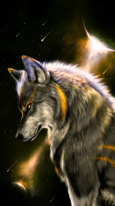 dream, galaxy, moon, space, wolf