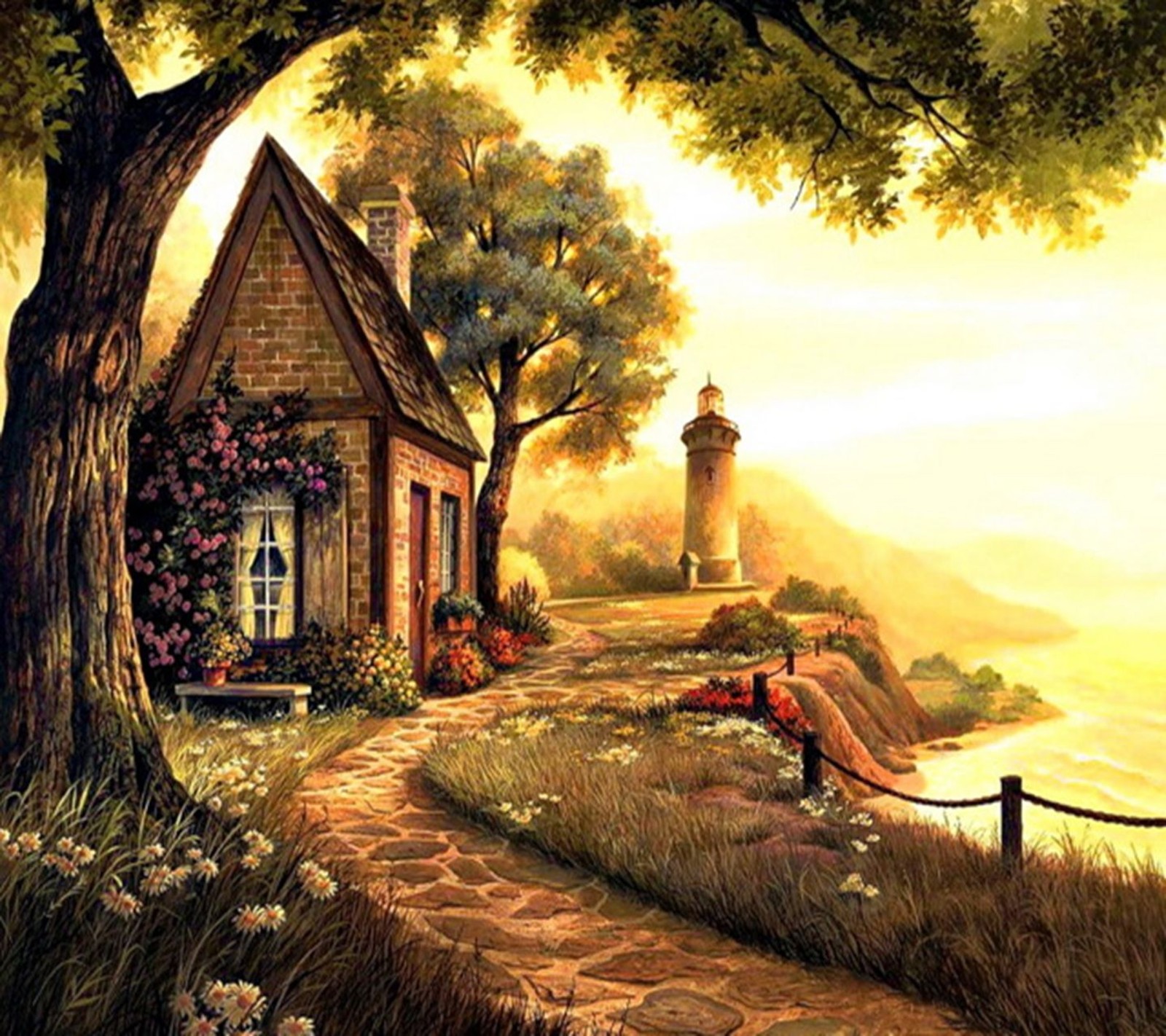 A painting of a house on a hill with a lighthouse in the background (green, house, lake, leaf, leaves)