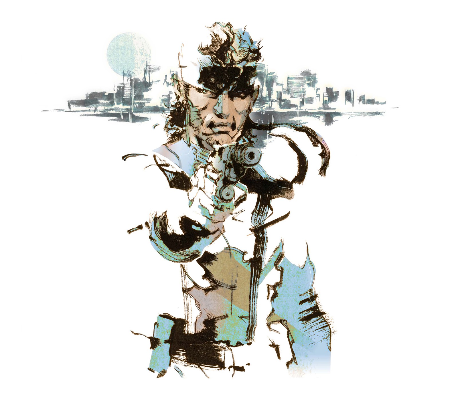 Personnage d'anime avec une épée et une ville en arrière-plan (metal gear solid, mgs, shinkawa, fils de la liberté)