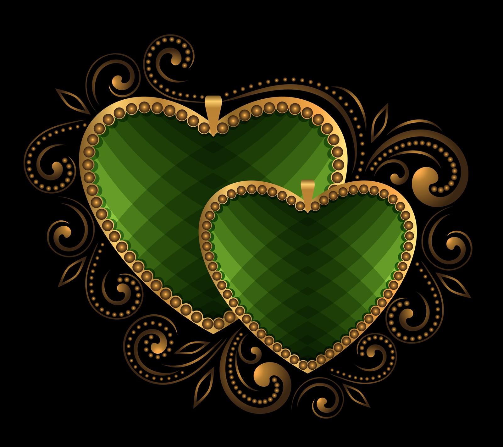 Two green hearts with gold trims and a black background (emerald, gem, heart, jewel, love)