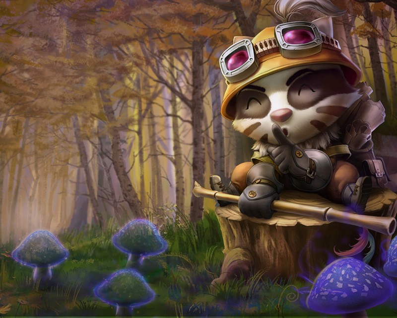 Um gato de desenho animado com um capacete sentado em um banco em uma floresta (lol, teemo)