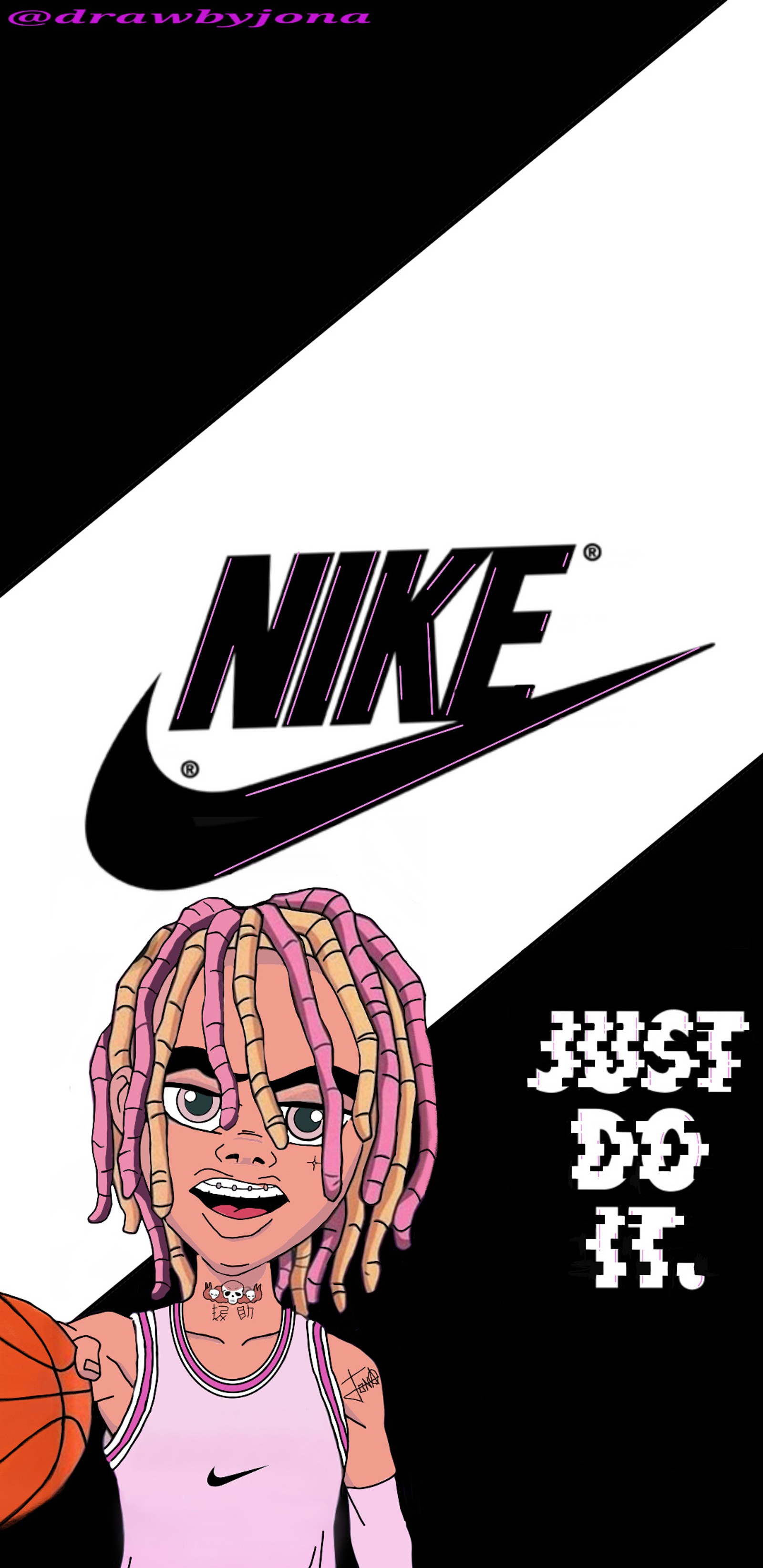 Nike girl with pink hair holding a basketball ball and a basketball (codeine, glitch, hype, lil pump, logo)