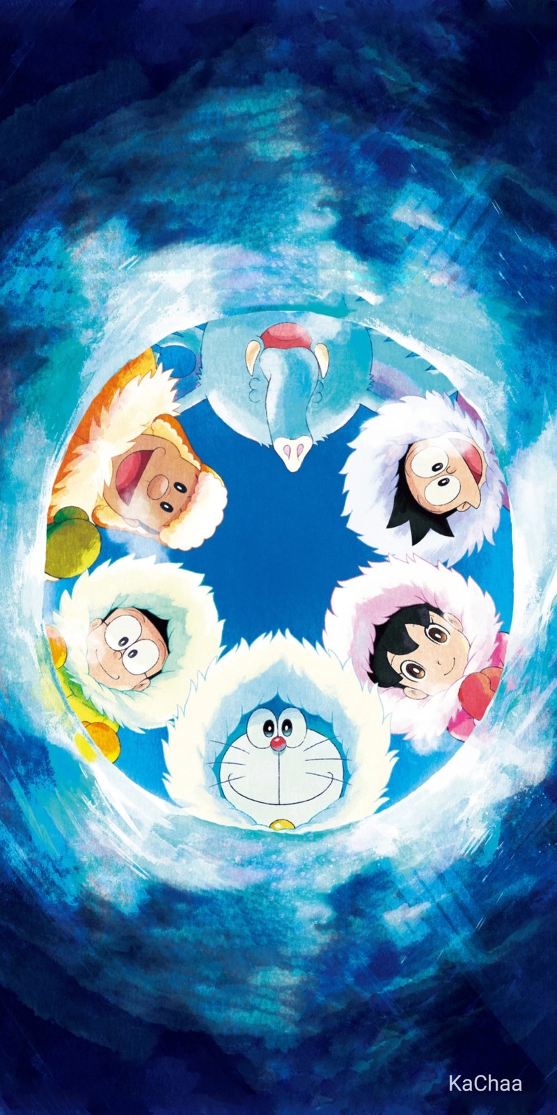 Мультяшные персонажи в круге на синем фоне (мультфильм, дораэмон, doraemon, нобита, nobita)