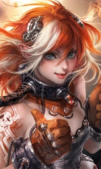 Steampunk Elf Girl with Vibrant Red Hair and Mechanized Accessories