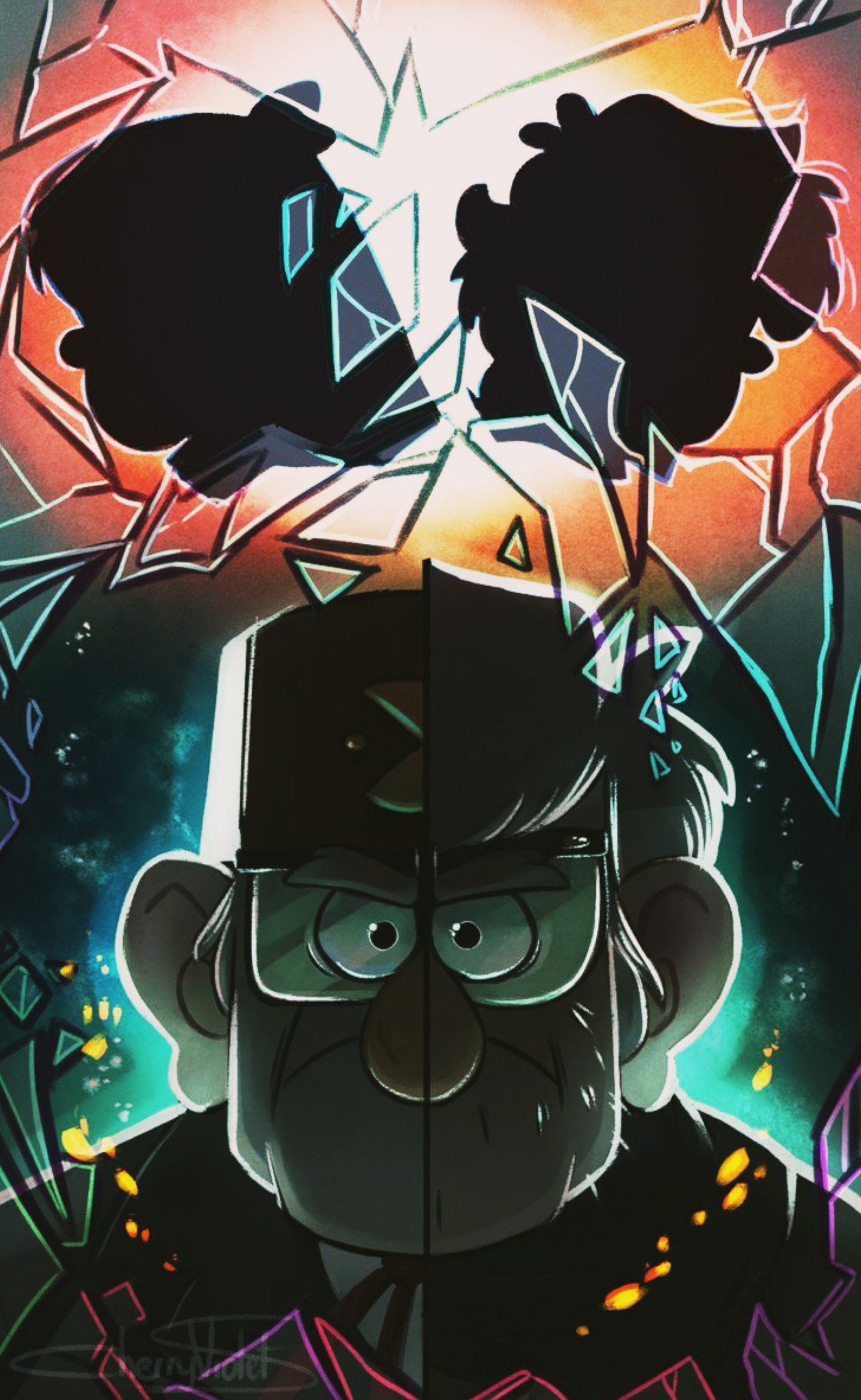 Caricatura de un hombre con sombrero y gafas con una ventana rota (gravity falls, stan pines)