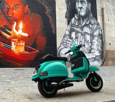 Vespa vintage contra un fondo de arte graffiti clásico