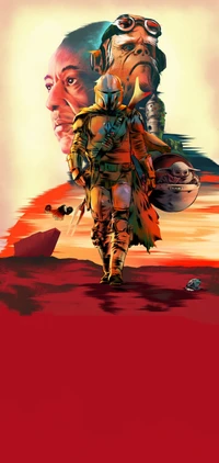 Illustration dynamique d'une figure mandalorienne dans un paysage vibrant, mettant en vedette des personnages emblématiques et des éléments de l'univers Star Wars.