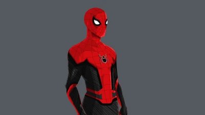 Arte conceptual de Spider-Man en un traje rojo y negro, mostrando las características icónicas del superhéroe y los elementos de diseño del Universo Cinematográfico de Marvel.