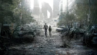 Survivors navigating a post-apocalyptic cityscape in "The Last of Us" series.