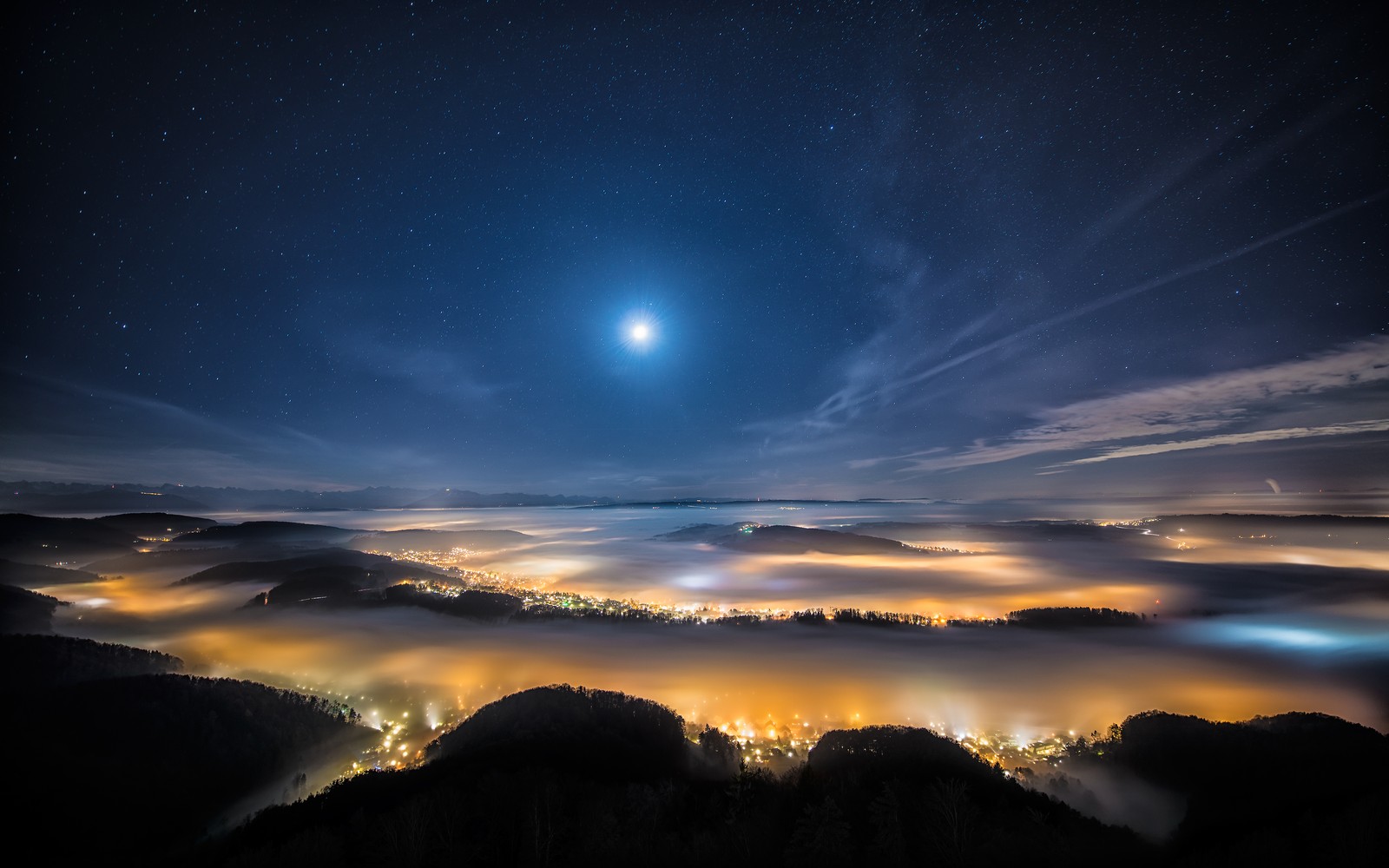 swiss mountain plateau, aerial view, fog, landscape, long exposure wallpaper