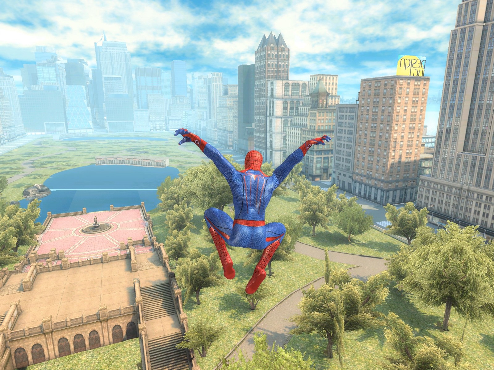 Spider-man volant au-dessus d'une ville dans le ciel (lincroyable spider man, spider man, super héros, pc game, jeux)