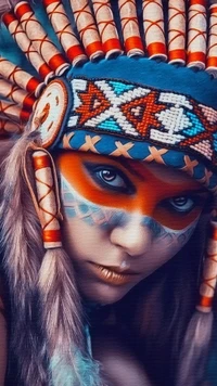 Portrait tribal vibrant avec coiffe en plumes et yeux expressifs