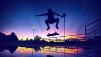 Silhouette eines Skaters gegen einen lebhaften Sonnenuntergang