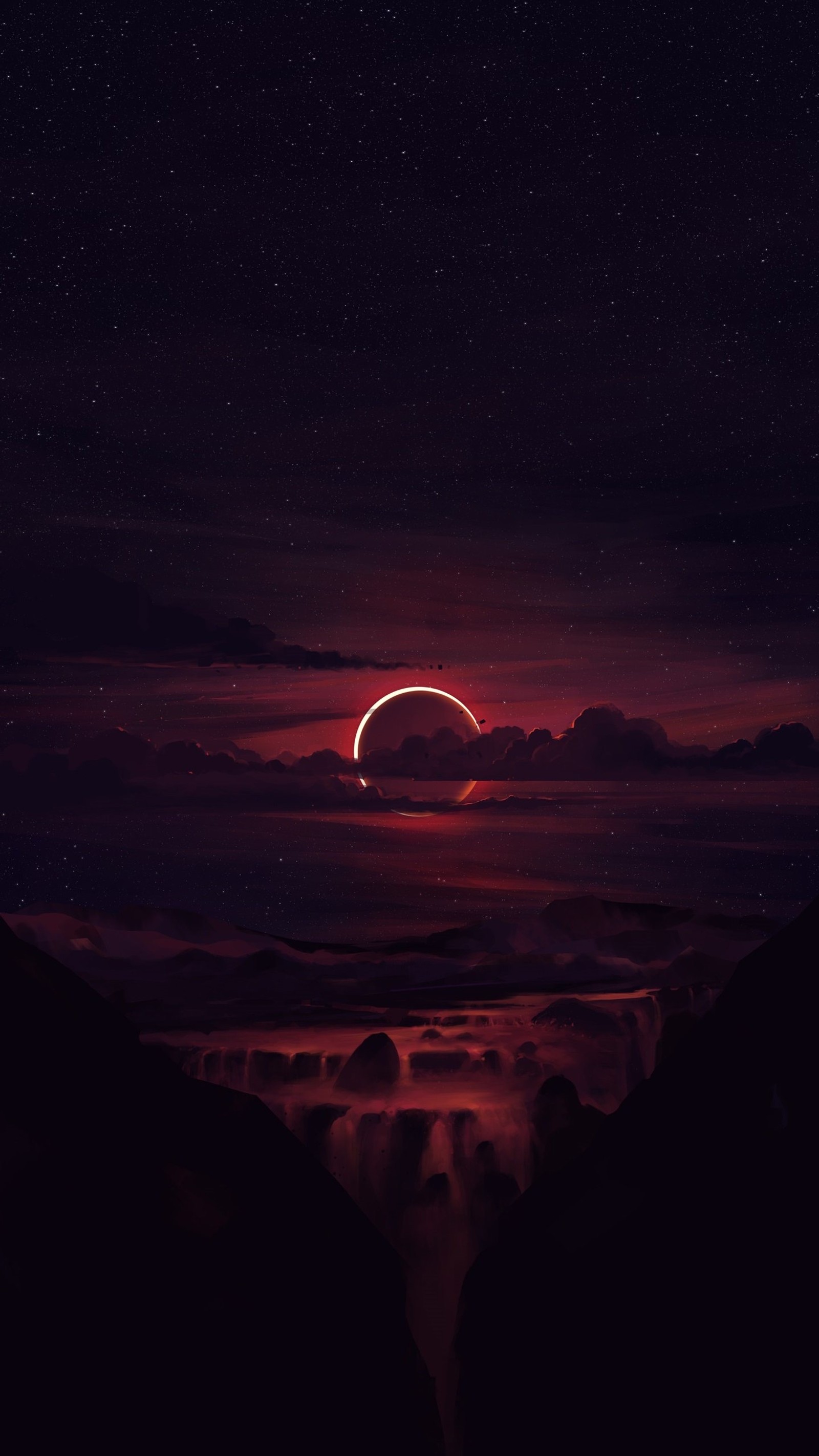 Vue d'une éclipse rouge sur une montagne avec un ciel sombre (atmosphère, eau, nuage, crépuscule, paysage naturel)