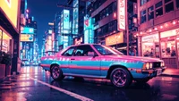 Vibrant Night Cityscape with Neon Lights and Retro Car