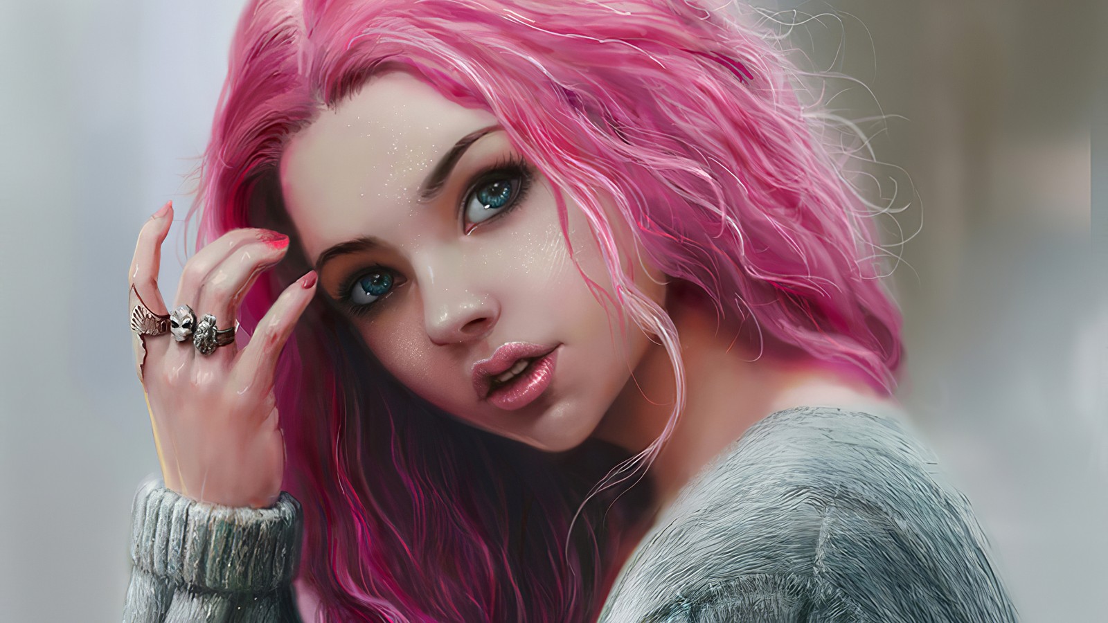 A close up of a woman with pink hair and a ring on her finger (digital art, art, drawing, hair, face)