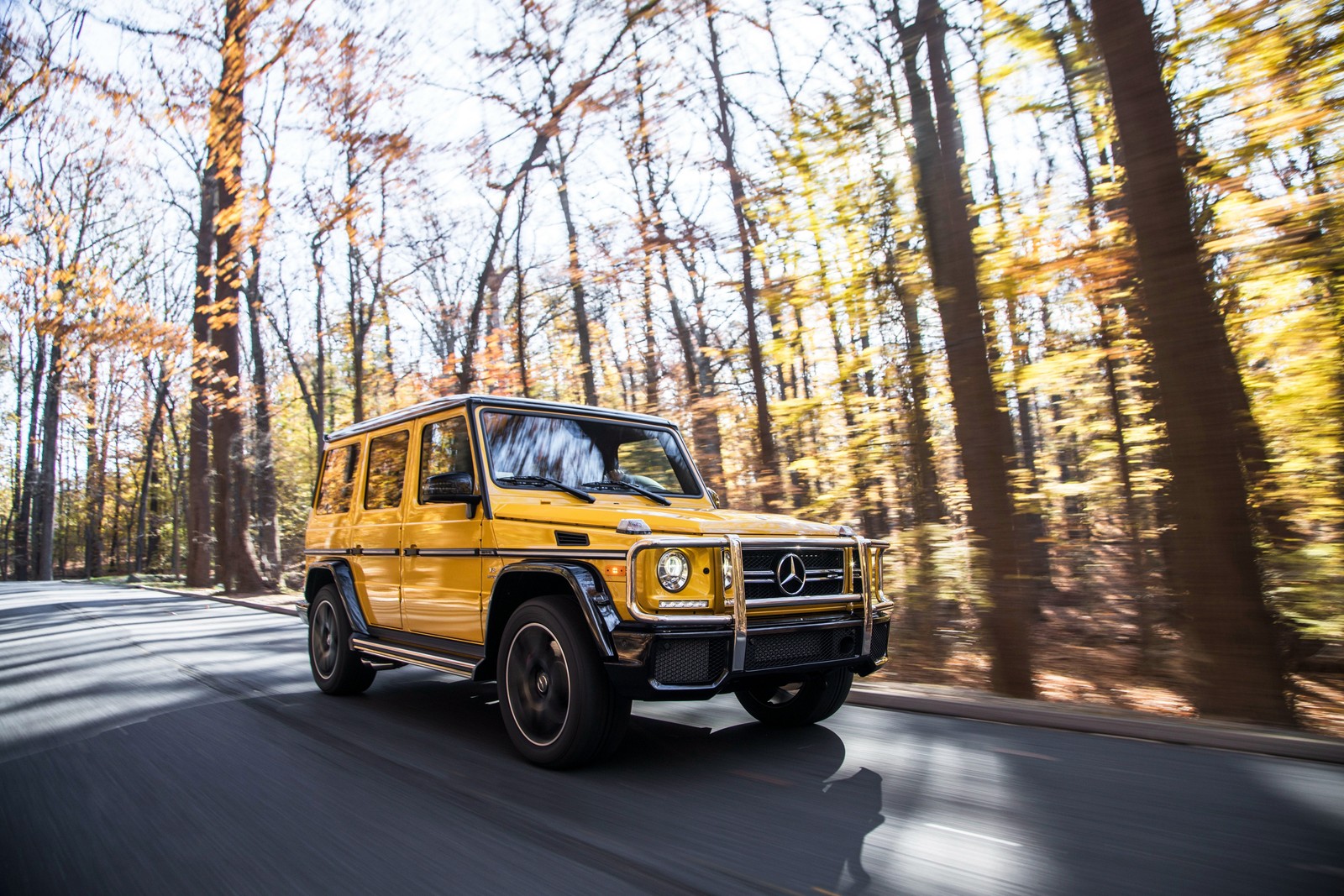 Un mercedes g-clase amarillo conduciendo por un camino en el bosque (coche, mercedes amg, exterior de automóvil, transporte, todoterreno)