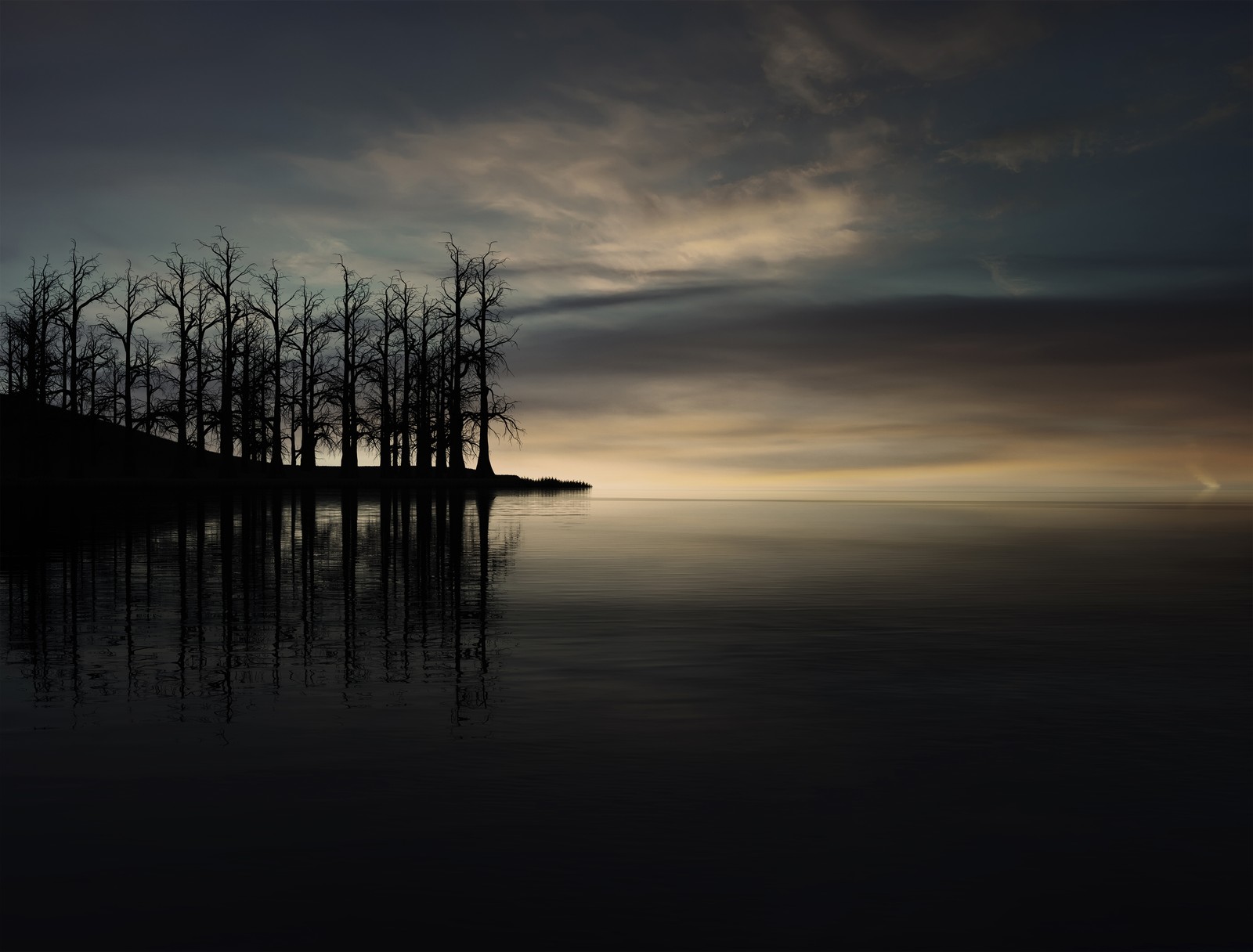 Vista editada de um lago com árvores e um pôr do sol ao fundo (por do sol, árvores secas, silhueta, crepúsculo, lago)