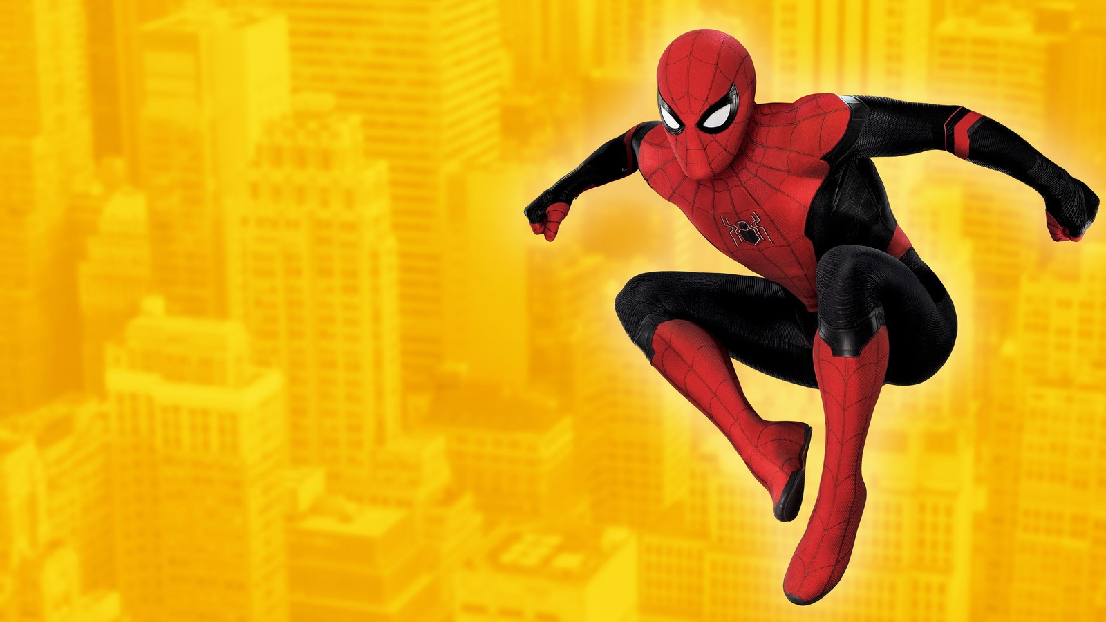 Spider - man in the city with a yellow background (spider man far from home, marvel superheroes, marvel comics, yellow background, spiderman)