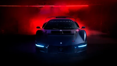 Maserati MC20 Xtrema: Impactante coche de carreras oscuro en una atmósfera iluminada en rojo