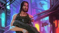 Johnny Silverhand en un paisaje urbano ciberpunk de neón