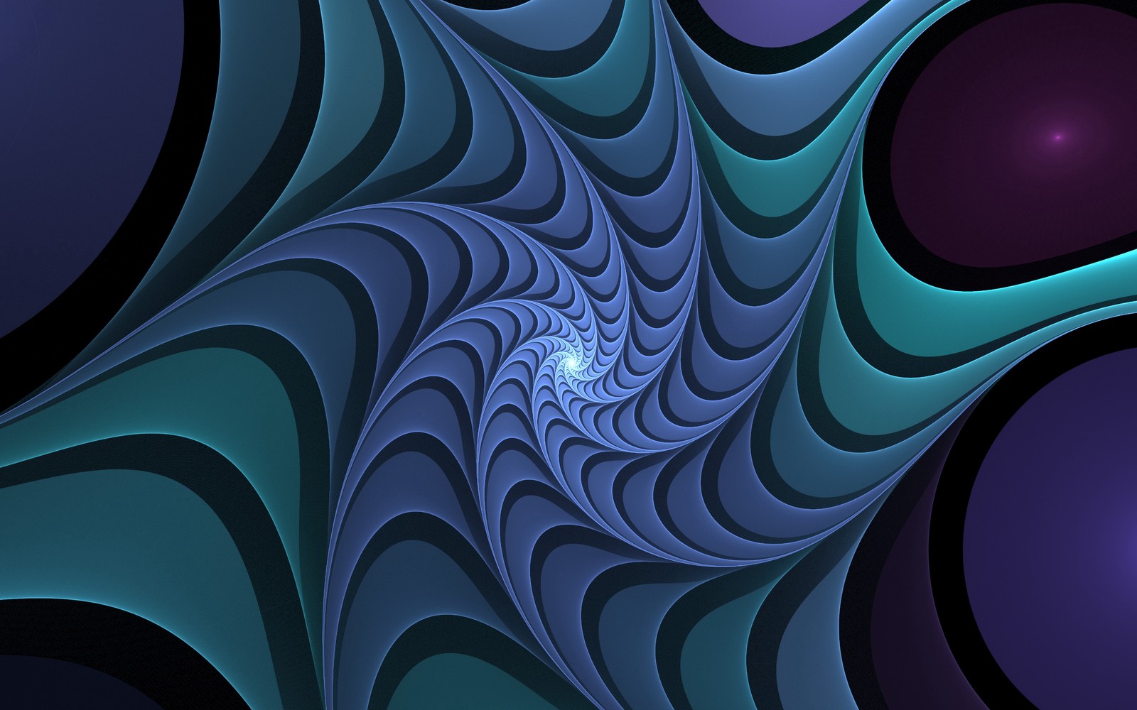 Une image générée par ordinateur d'un motif en spirale avec un centre bleu (violet, turquoise, fractale, aqua, ligne)