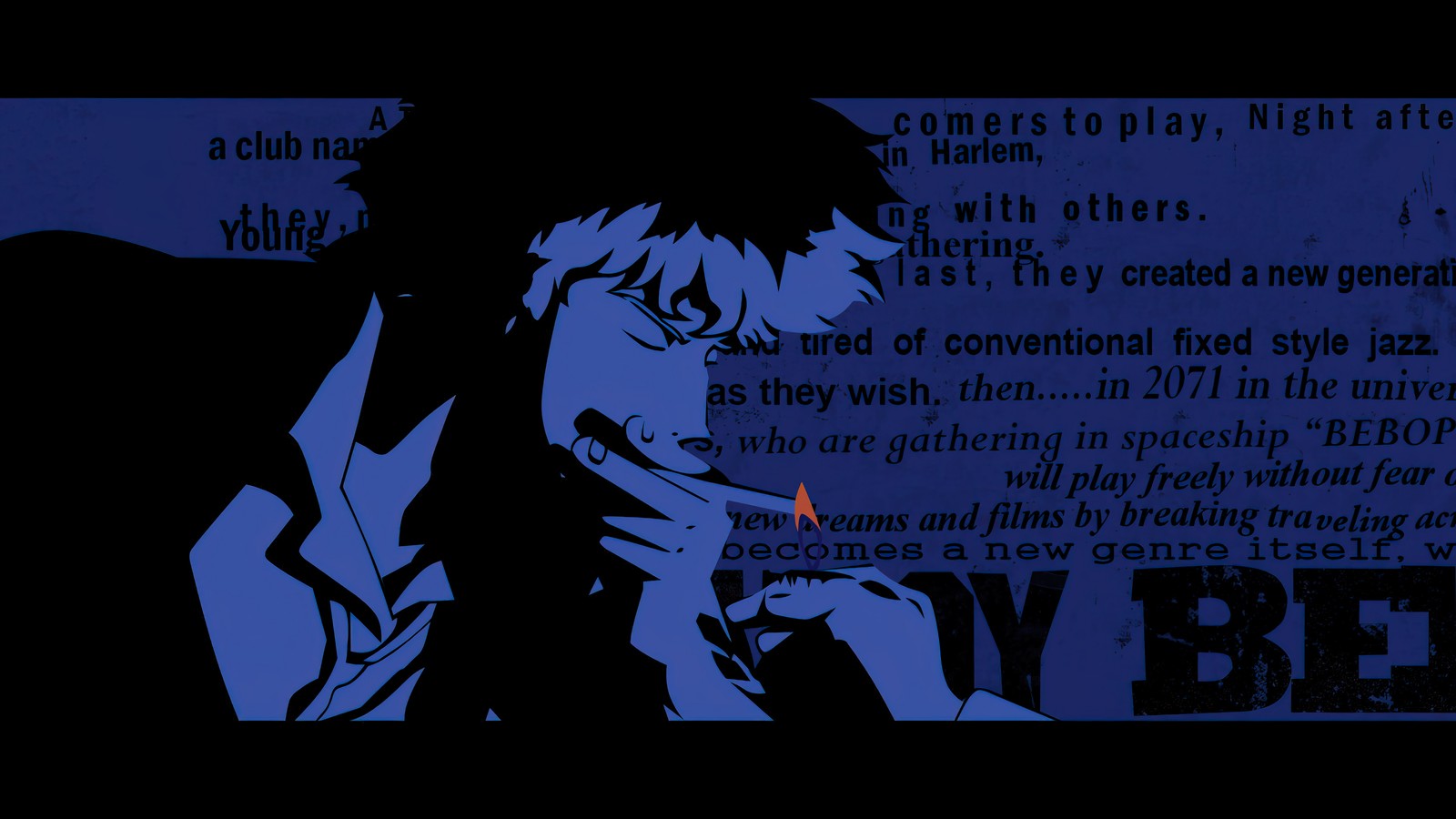 Anime-charakter mit einer zigarette im mund und text auf blauem hintergrund (cowboy bebop, anime, spike spiegel, rauchen)