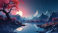 full, moon, lake, tree, mountain