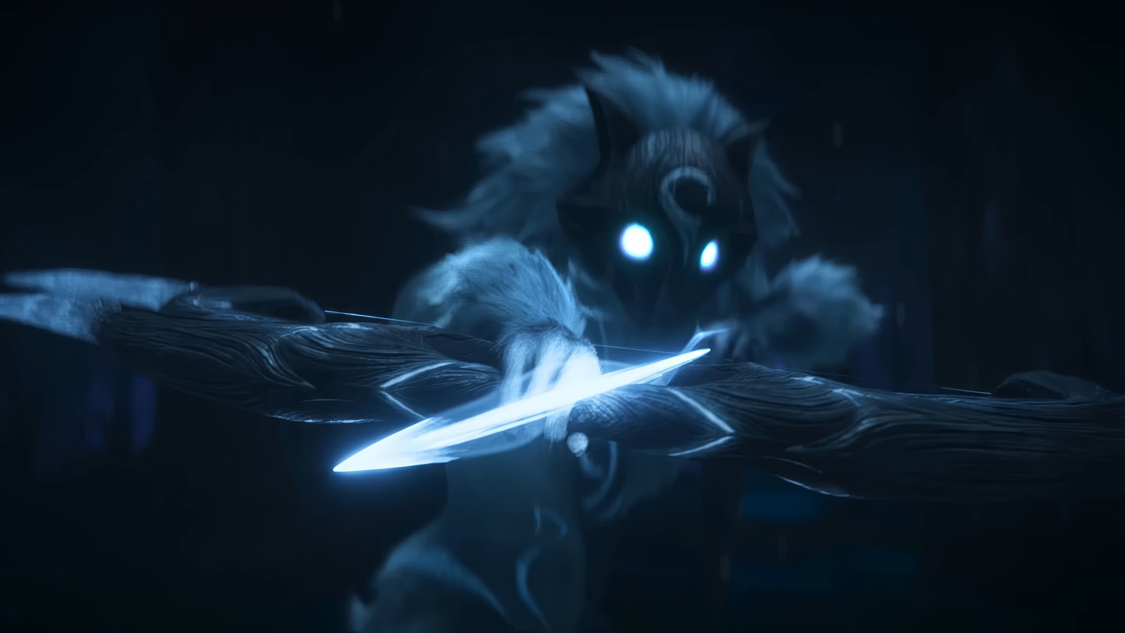 A close up of a person holding a sword in a dark room (kindred, league of legends, video game, lol, season 2024 cinematic)