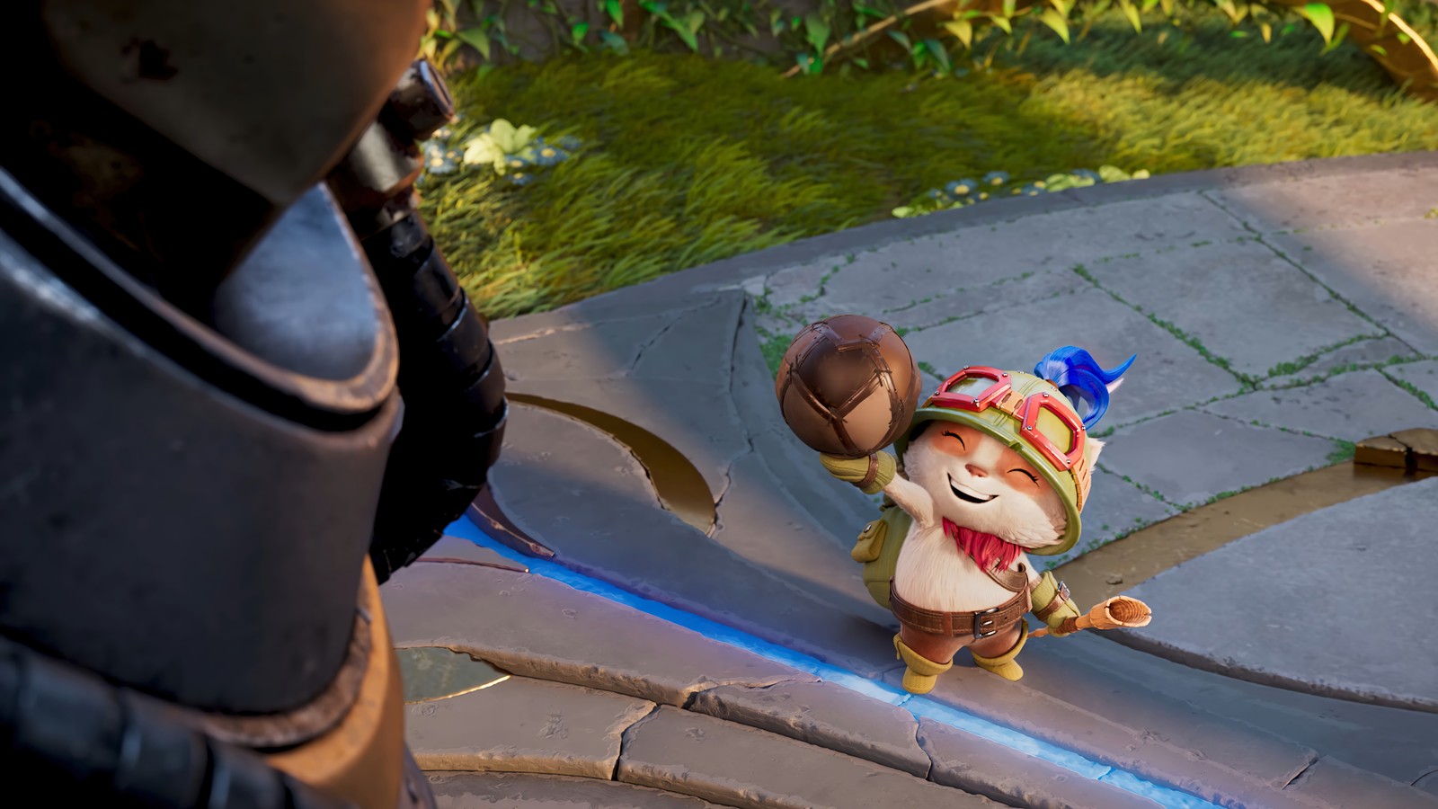 There is a small toy that is standing on a sidewalk (teemo, league of legends wild rift, lol wild rift, league of legends, lol)