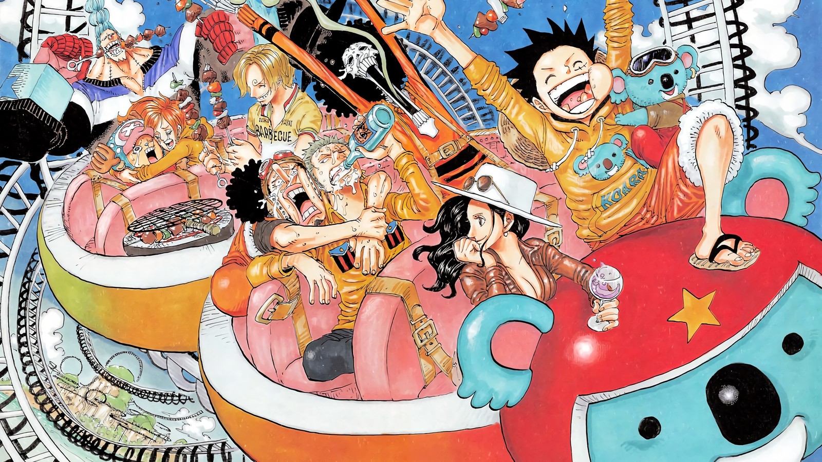 Ein cartoon-bild mit vielen menschen, die achterbahn fahren (one piece, anime, strohboot piraten, monkey d luffy, nico robin)