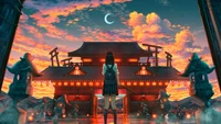 Chica de anime en la puerta del atardecer bajo una luna creciente