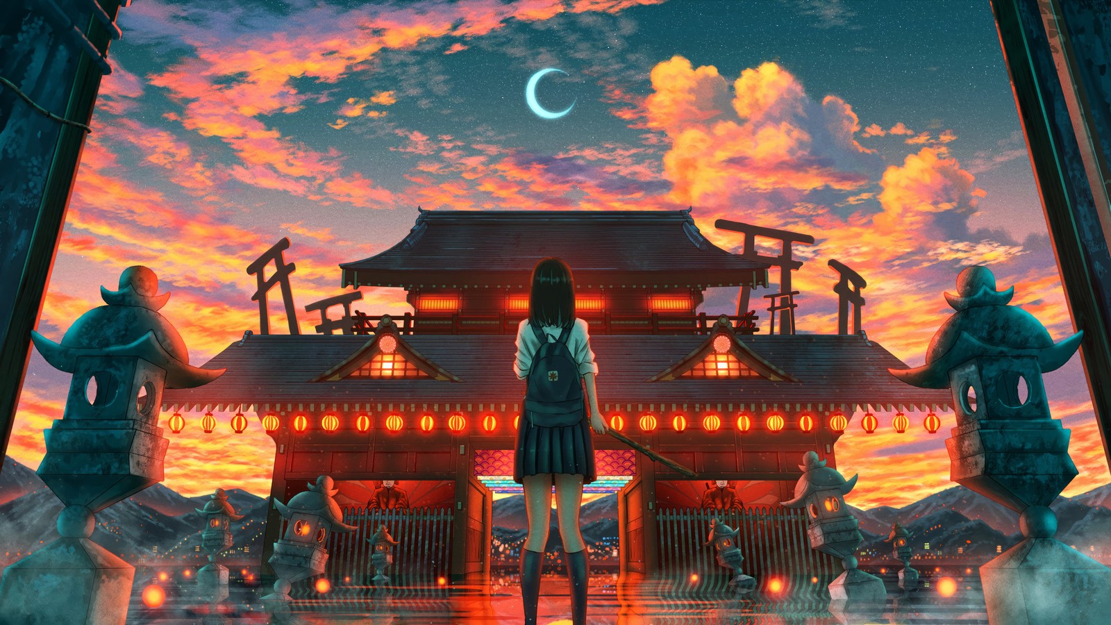 A woman standing in front of a building with a moon in the sky (anime girls, anime, student, sunset, sky)