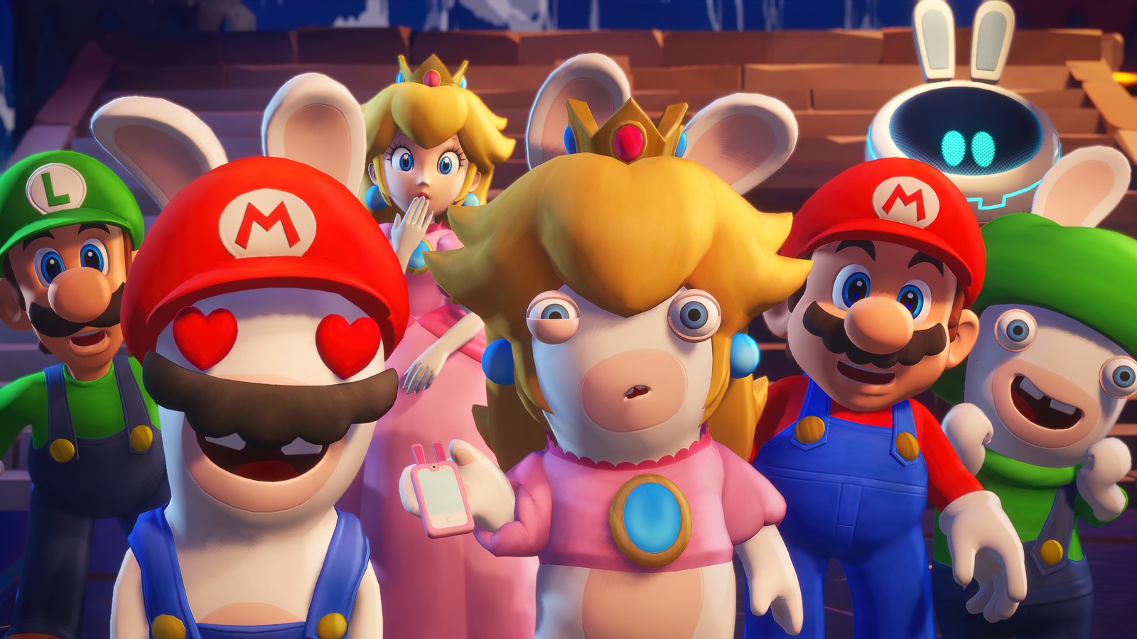 Um grupo de personagens de desenho animado vestidos com fantasias de mario e luigi (mario rabbids sparks of hope, jogo de vídeo, captura de tela)