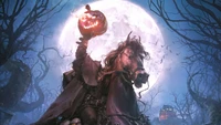 Headless Horseman Riding Under the Full Moon with Jack-o'-Lantern