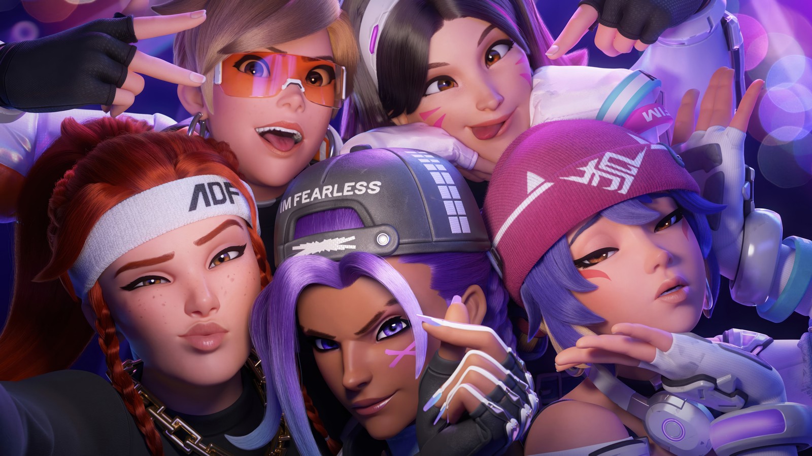 Un groupe de femmes en différentes tenues posant pour une photo (overwatch 2, jeu vidéo, le sserafim, brigitte, ombre)