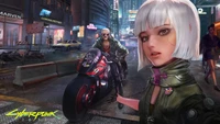 Cyberpunk 2077: Futuristische Stadtlandschaft mit Motorrad und Charakteren