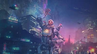 Pathfinder exibindo seu charme na paisagem urbana futurista de Apex Legends