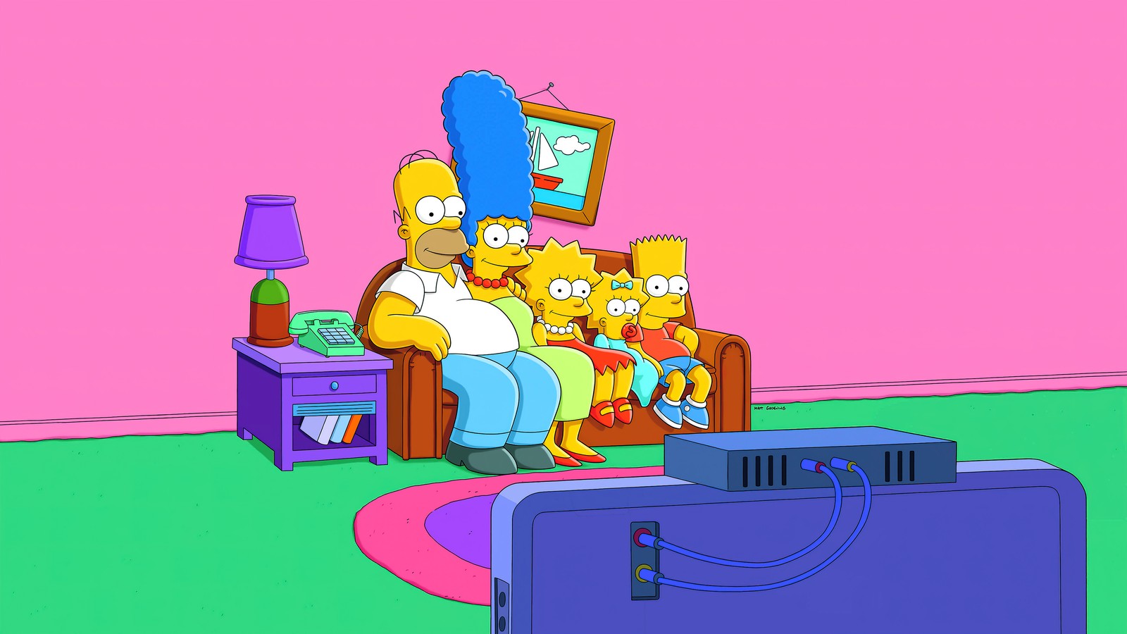 A cartoon of a man sitting on a couch watching tv (the, simpsons, family)