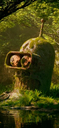 A moss-covered robotic head emerges from a lush, green environment, blending the remnants of technology with vibrant vegetation, evoking a sense of a dystopian future where nature reclaims man-made structures.