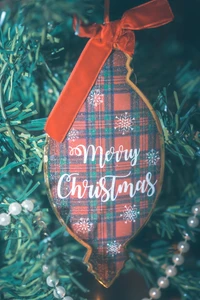 Merry Christmas Plaid Ornament on a Festive Tree