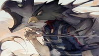 Fumikage Tokoyami em ação, personificando o herói negro jato Tsukuyomi com asas sombrias em meio a um fundo dramático.