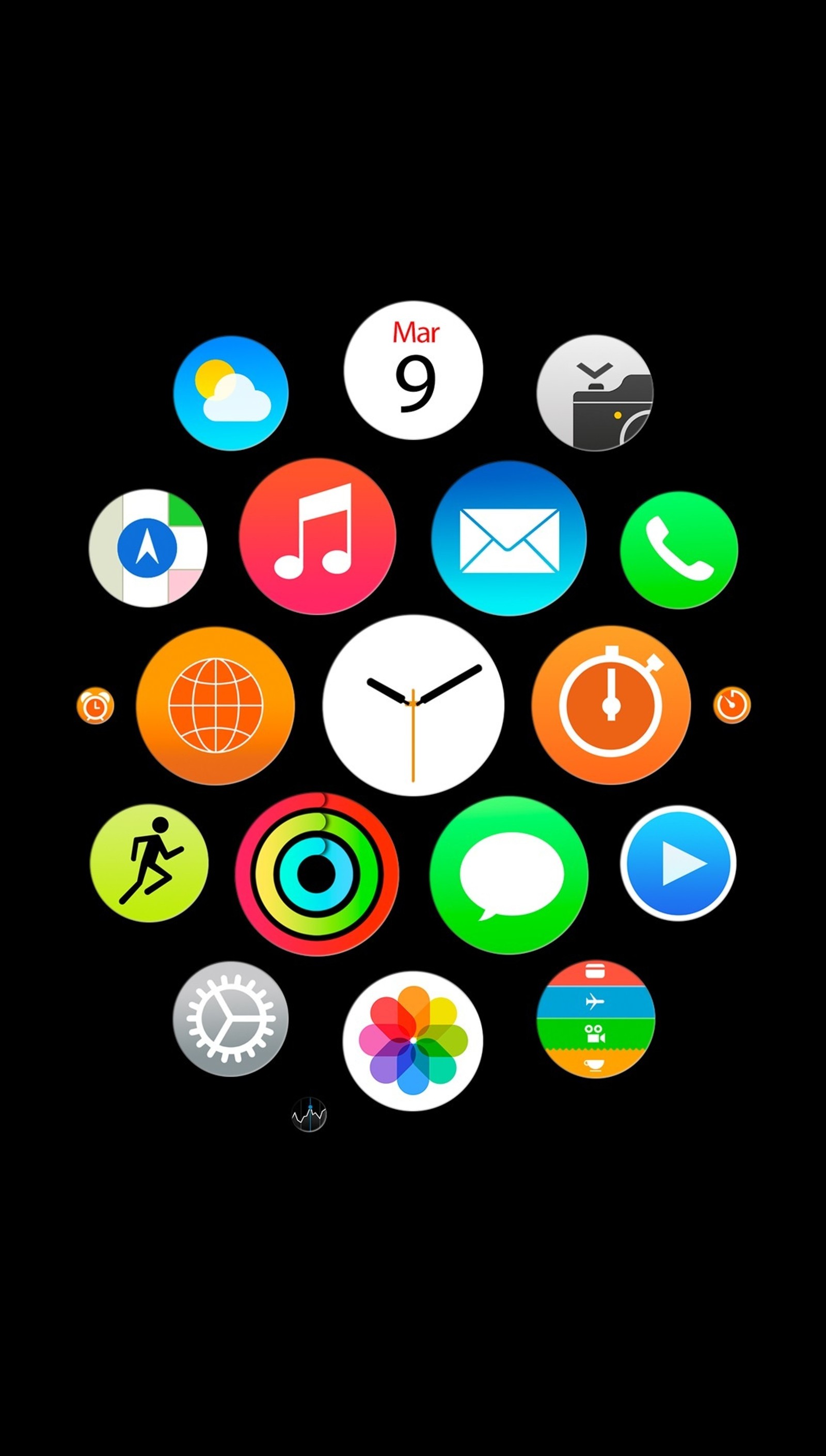 Un primer plano de un reloj con diferentes íconos en él (negro, iphone6, iwatch)