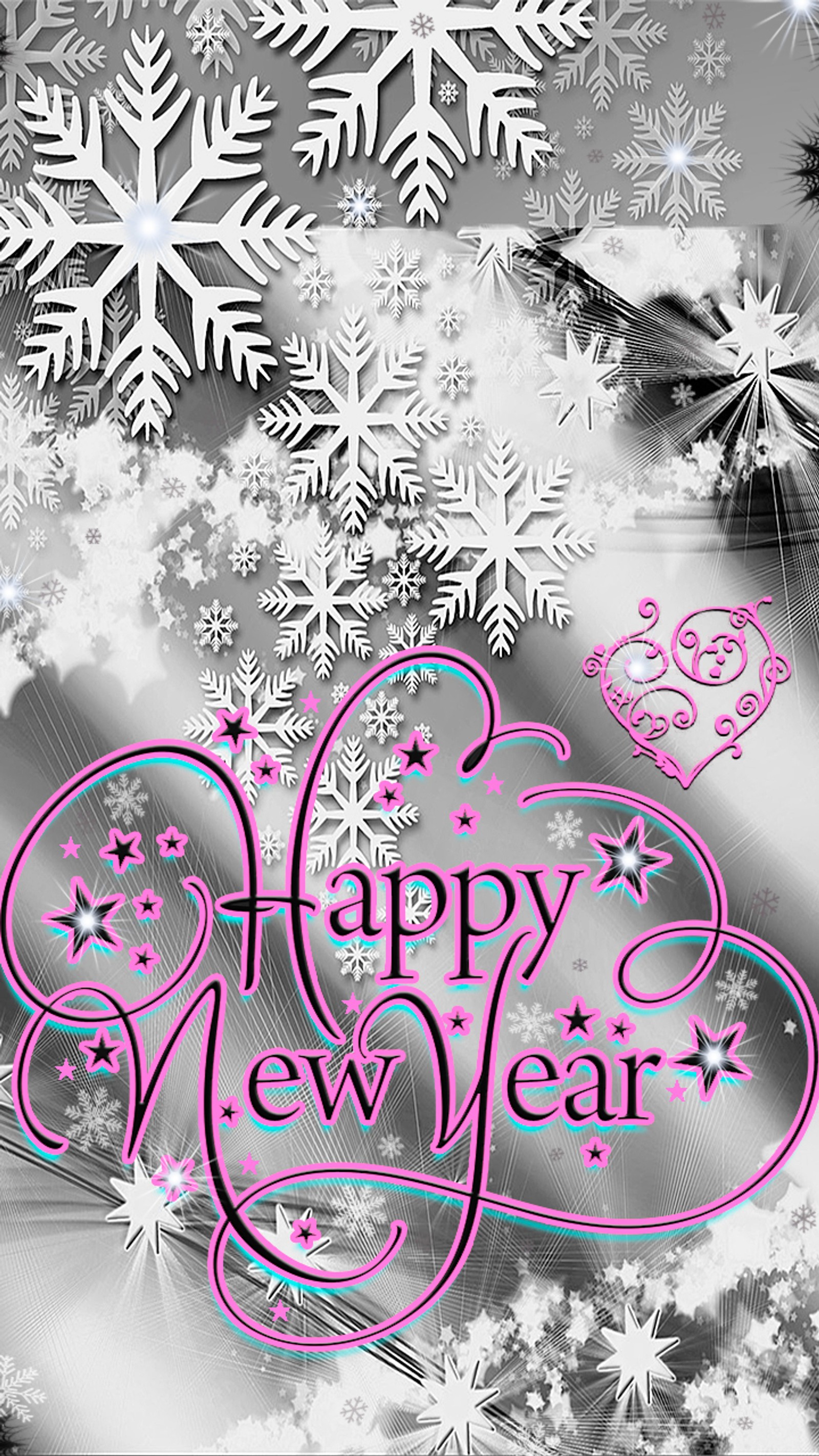 A black and white photo of a happy new year greeting (christmas, gray, holiday, new year, snowflakes)