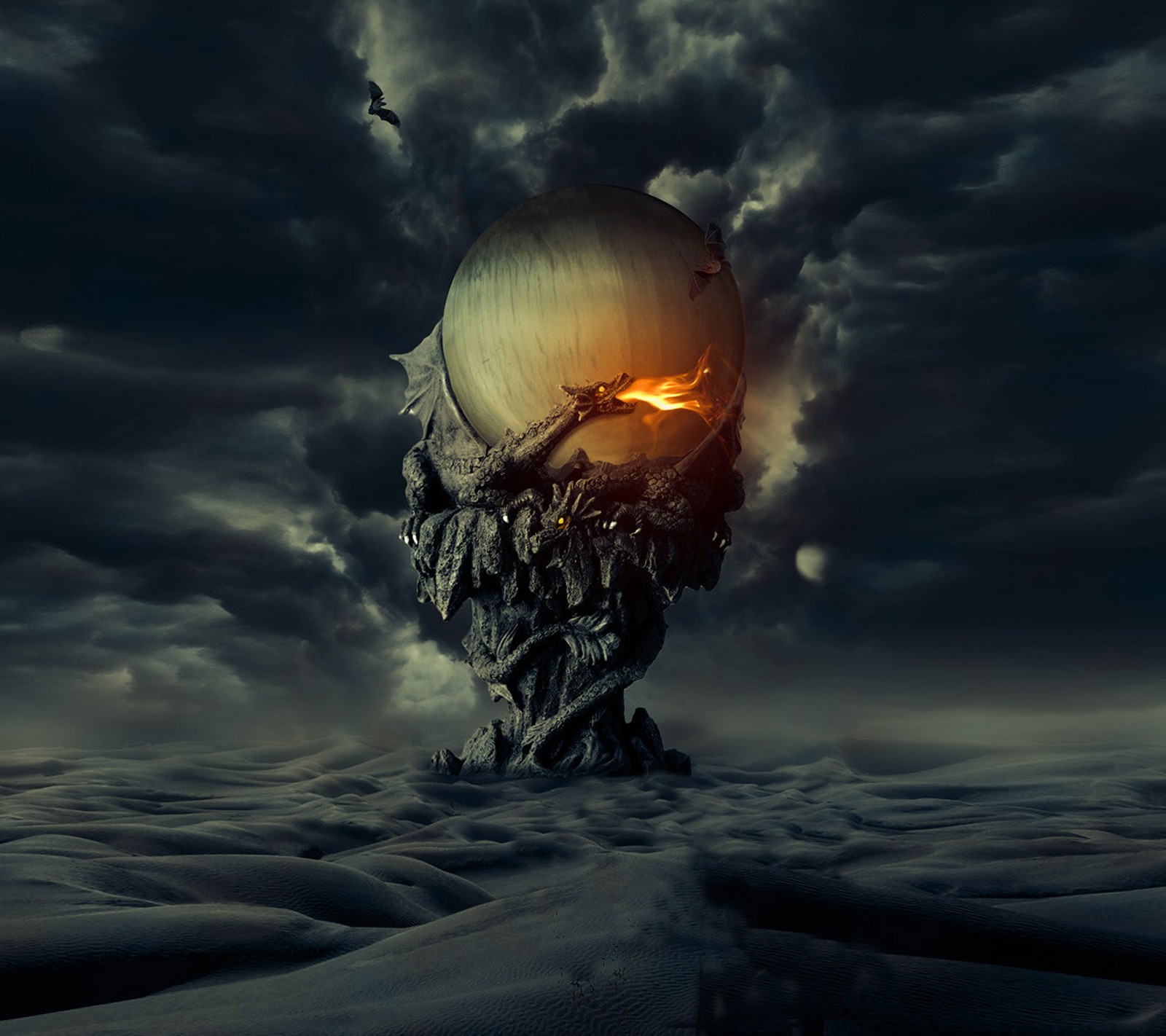 Arafed skull with glowing eyes in a surreal landscape (dark, dragon, drake, fire, flame)