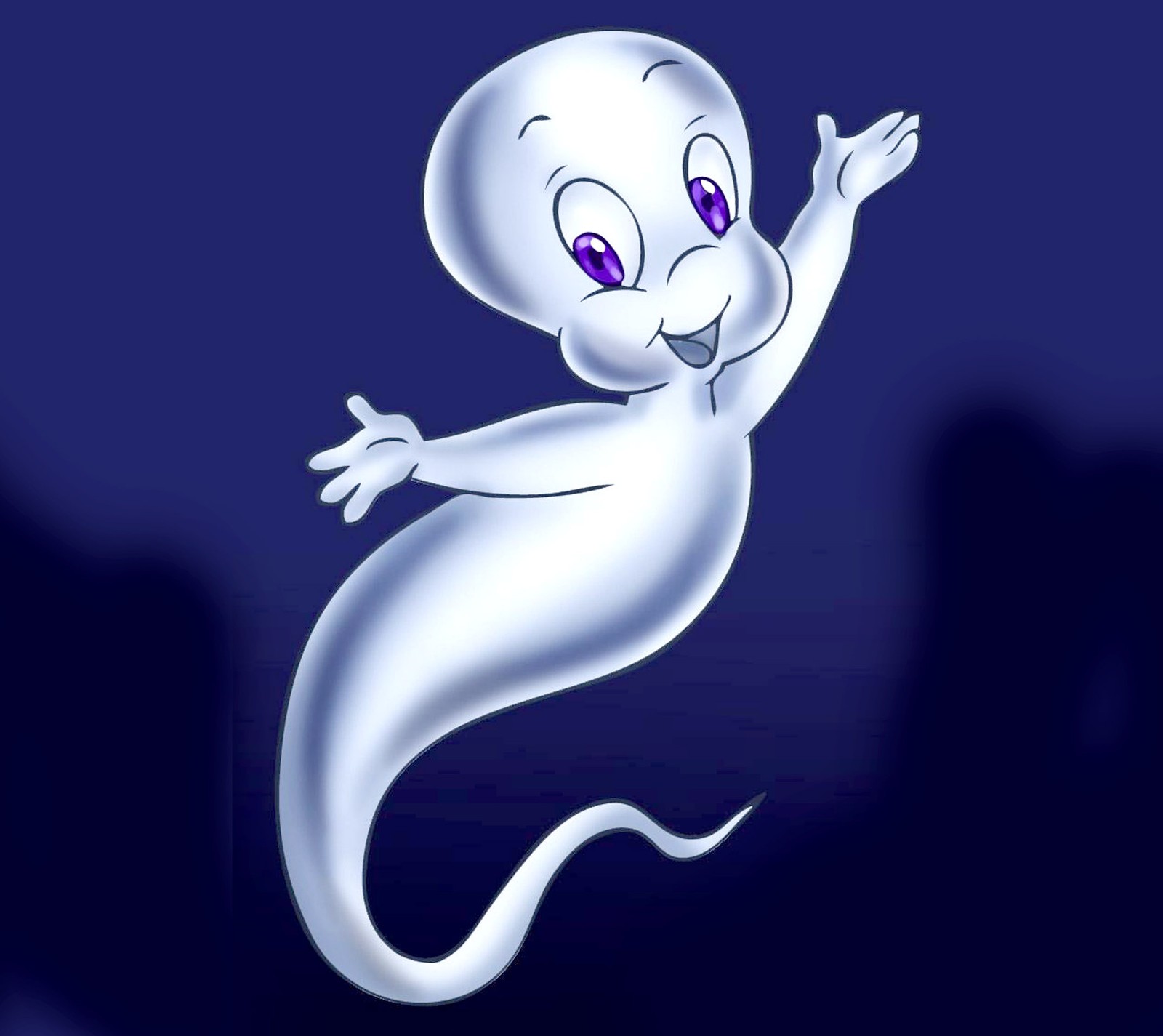 A close up of a cartoon ghost with purple eyes and a long tail (2160x1920, wallpaper)