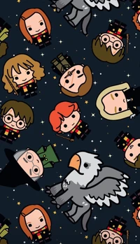 Personajes chibi de Harry Potter y patrón de Gryffindor