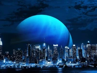 Paisaje urbano azul iluminado por la luna bajo una esfera celestial