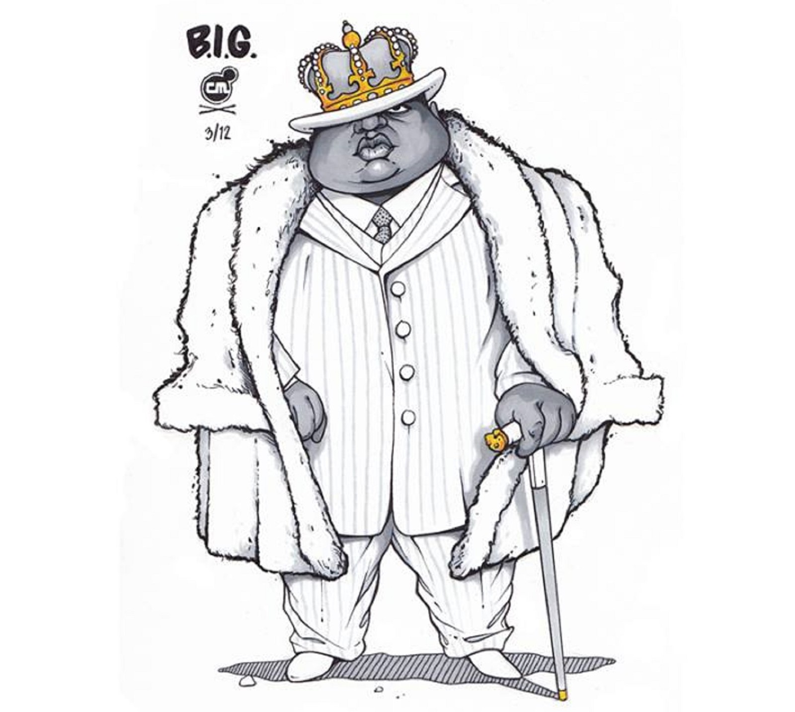 Dessin animé d'un homme en costume et chapeau avec une canne (2 pac, grand, biggie smalls, hip hop, notorious big)