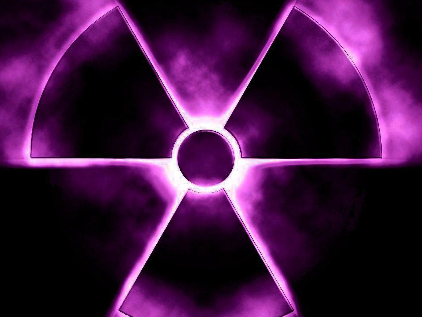 A close up of a purple radiation symbol on a black background (biohazard, nuclear, purple, radioactive)